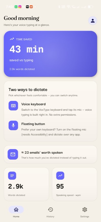 VoxType home screen
